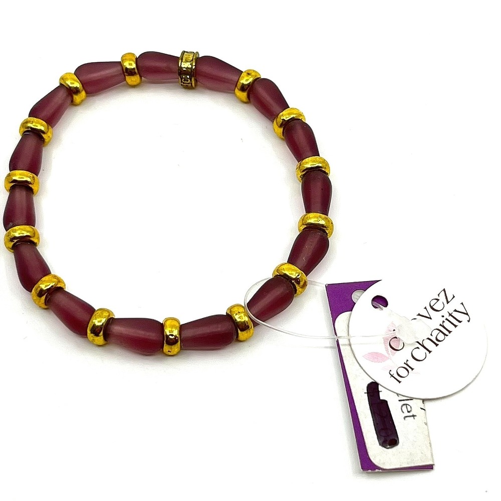 Chavez For Charity Stretch Bracelet‎ Maroon Purple Frosted Glass Matte Gold Tone